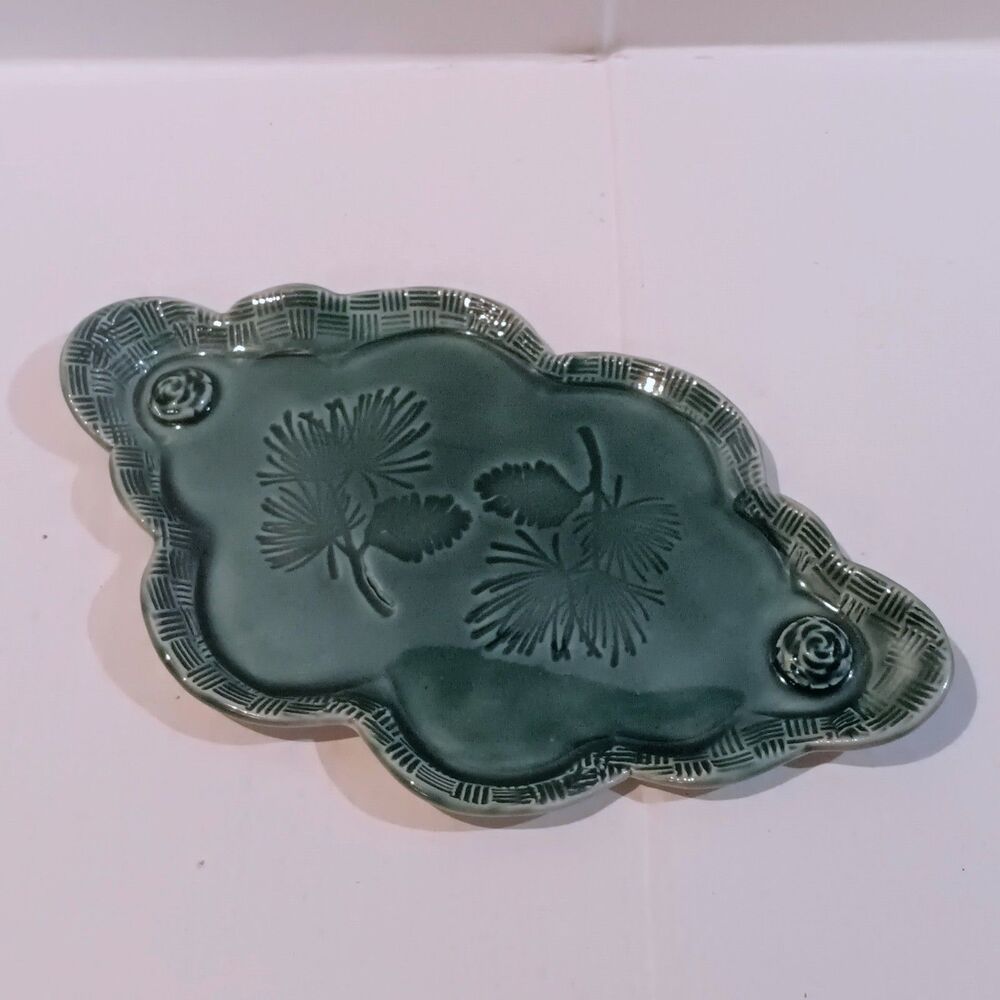 Studio Art Pottery Botanical Trinket Dish-Signed C Delee-Pine Spray-Teal-7.5"x4"